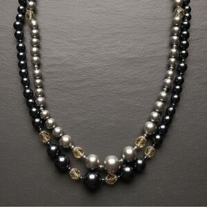 Vintage Silver Tone Chunky Baroque Faux Pearl AB Crystal Multi Strand Necklace